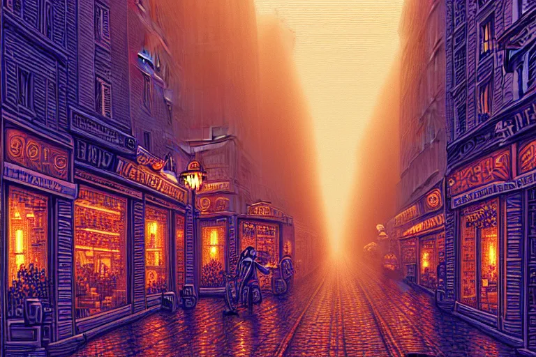 Image similar to a city street in paris under the dark sun, beautiful detailed pixelart by albertov, intricate details, beautiful, dithered gradients, volumetric lighting, cgsociety, artstation, smooth, sharp focus, 2 d illustration, amazing art by dan mumford