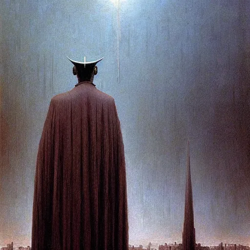 Prompt: a giant priest stands over a city painting by beksinski, barlowe colors. masterpiece painting