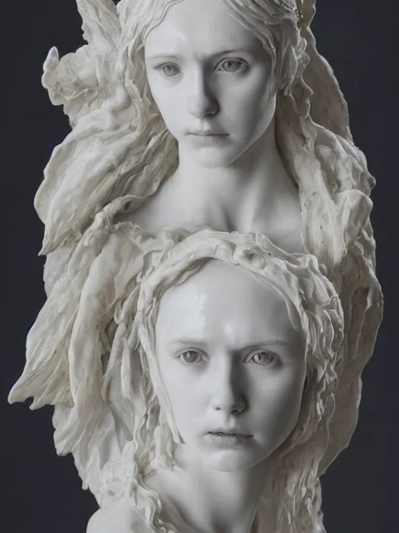 Image similar to a dramatically lit art nouveau white marble portrait sculpture of a worried young karen gillan as joan of arc, delicate, intricate, smooth, beautiful, glowing, by charles van der stappen