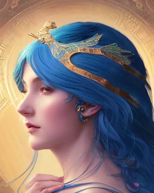 Image similar to Side Profile Portrait of a blue haired Goddess, holding a spark of all creation in her hands, intricate, elegant, overdetailed, professional digital painting, artstation, concept art, smooth, sharp focus, 8K, art by artgerm and greg rutkowski and alphonse mucha and loish and WLOP