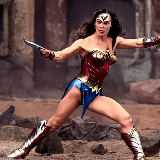 Prompt: film still of Jean-Claude Van Damme playing Wonder Woman, 4k