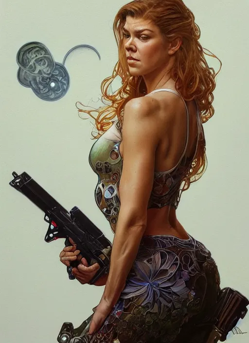 Prompt: Adrianne Palicki as a beautiful young woman holding a pistol, science fiction, intricate, elegant, highly detailed, centered, digital painting, artstation, concept art, smooth, sharp focus, illustration, art by artgerm and donato giancola and alphonse mucha