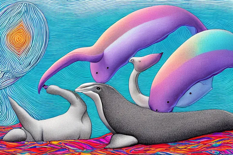 Prompt: digital art of a cassowary and a beluga whale relaxing together by alex grey, flooko, beach, detailed, cartoon, etheral, glows