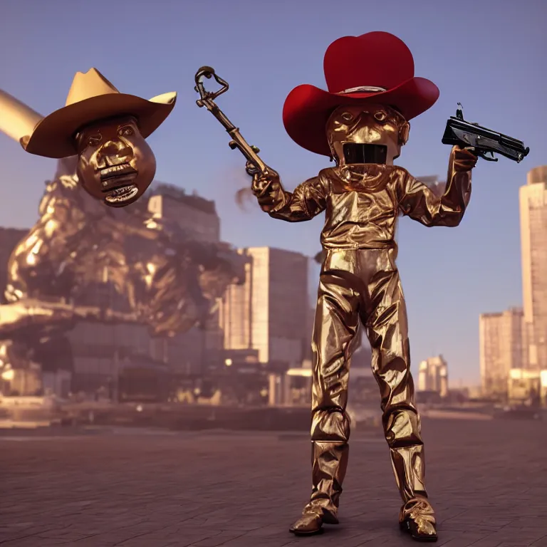 Image similar to octane render portrait by wayne barlow and carlo crivelli and glenn fabry, a man wearing a giant foam cowboy mascot costume holding a giant reflective shiny chrome revolver with smoke coming out of the barrel, cinema 4 d, ray traced lighting, very short depth of field, bokeh