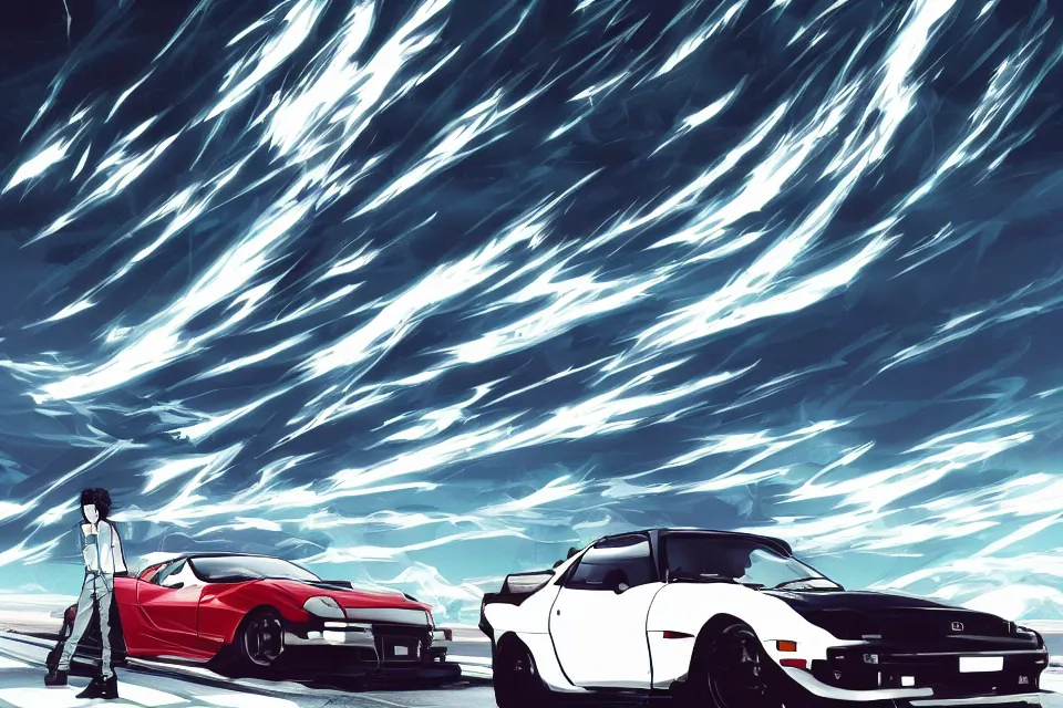 Image similar to aesthetic illustration of ryosuke takahashi with black hair, standing by his glossy white mazda rx 7 on an empty highway at dusk, cinematic lighting, initial d anime 1 0 8 0 p, detailed anime face, high detail, 9 0 s anime aesthetic, volumetric lights, rule of thirds, unreal engine 5 render, pinterest wallpaper, trending on artstation