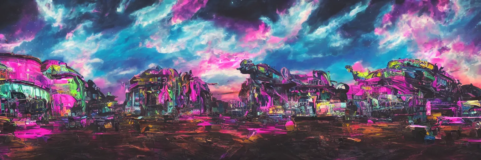 Image similar to oil painting, the middle view, spase dogs and punks running with neon mohawks, space, dark, stars, pink, pirate neon ship with punks on board, neon, rich deep colors masterpiece, ultra detailed, contrast, lots of roman arches, clouds, sky, volumetric light, atmospheric lighting, dramatic, cinematic, moody, octane render 4 k, 8 k