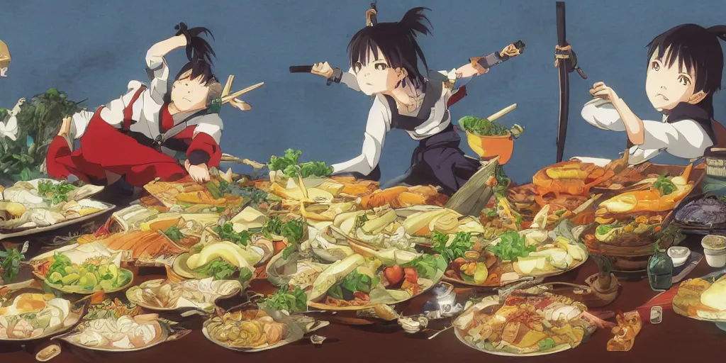 Image similar to A feast for the Ninjas, very detailed, anime, Delicious, Plump, Juicy, Hot Food, large white border, hd, 8k, Unreal Engine 5, high resolution print :1 by Hayao Miyazaki, Nausicaa, studio Ghibli style, Anime wallpaper, cell shading, trending on deviant art :1