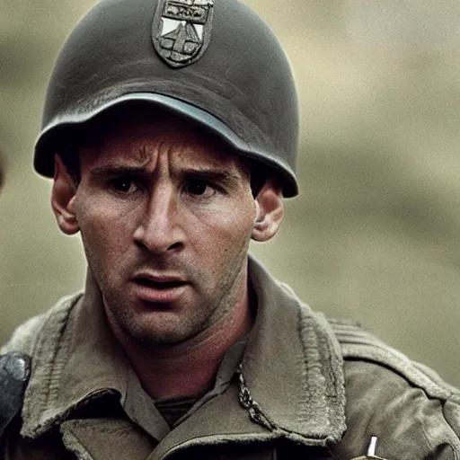 Image similar to Lionel Messi in Saving Private Ryan, cinematic, sharp focus, movie still, atmospheric, 8k,