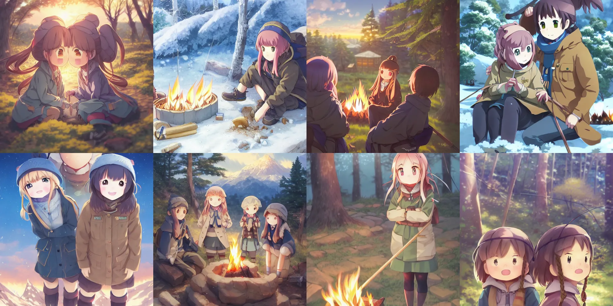 Image similar to anime yuru camp yama no susume cute girls around campfire trending on artstation hyperdetailed eyes cute moe Unreal Engine 4k 8k ultra HD illustration digital pixiv concept art manga cover by Stanley Artgerm Lau, WLOP, Rossdraws, James Jean, Andrei Riabovitchev, Marc Simonetti, and Sakimichan