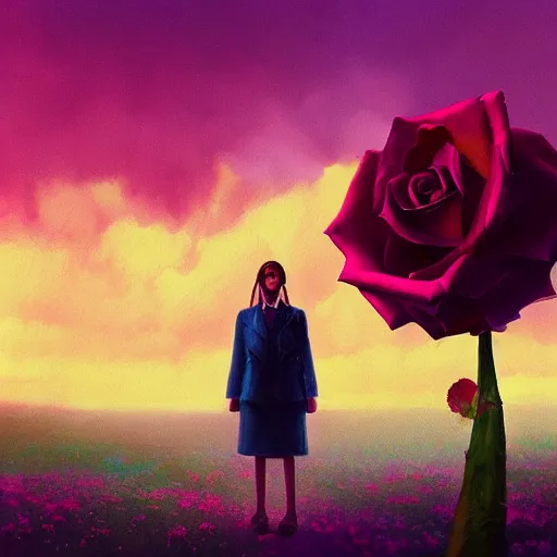 Prompt: closeup, giant rose flower head, frontal, girl in a suit, surreal photography, sunrise, dramatic light, impressionist painting, digital painting, artstation, simon stalenhag