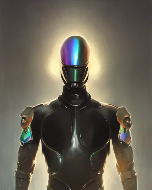 Image similar to iridescent sinewy smooth muscular male sleek glossy black pearlescent scifi armor with smooth black featureless helmet, by greg rutkowski, mark brookes, jim burns, magali villeneuve, trending on artstation