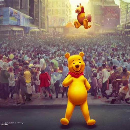 Prompt: screaming winnie the pooh having a tantrum in front of 5 9 式 at tiananman square, dystopian, highly detailed, photorealistic, octane render, 8 k, unreal engine. art by artgerm and greg rutkowski and alphonse mucha