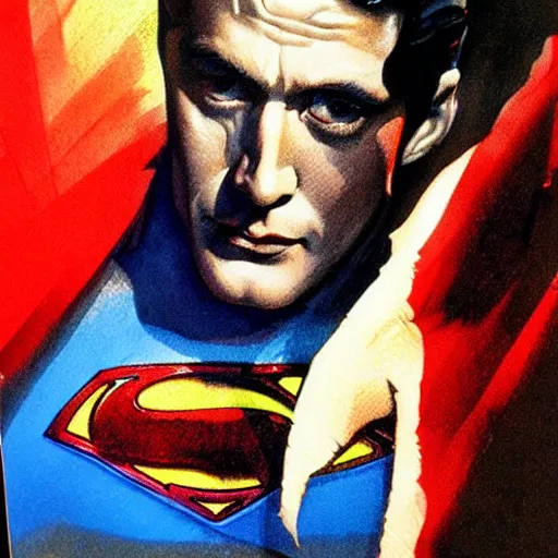 Image similar to photorealistic picture, by bob peak and alex ross, bloody superman, gouache and wash paints, fine details, fine intricate, fine facial proportionate, fine body proportionate, fine fix broken line, fine fix duplicate line, smooth shar focus, sharp focus