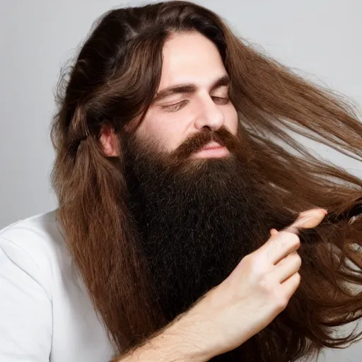 Prompt: photo of bearded man with long hair combing his hair
