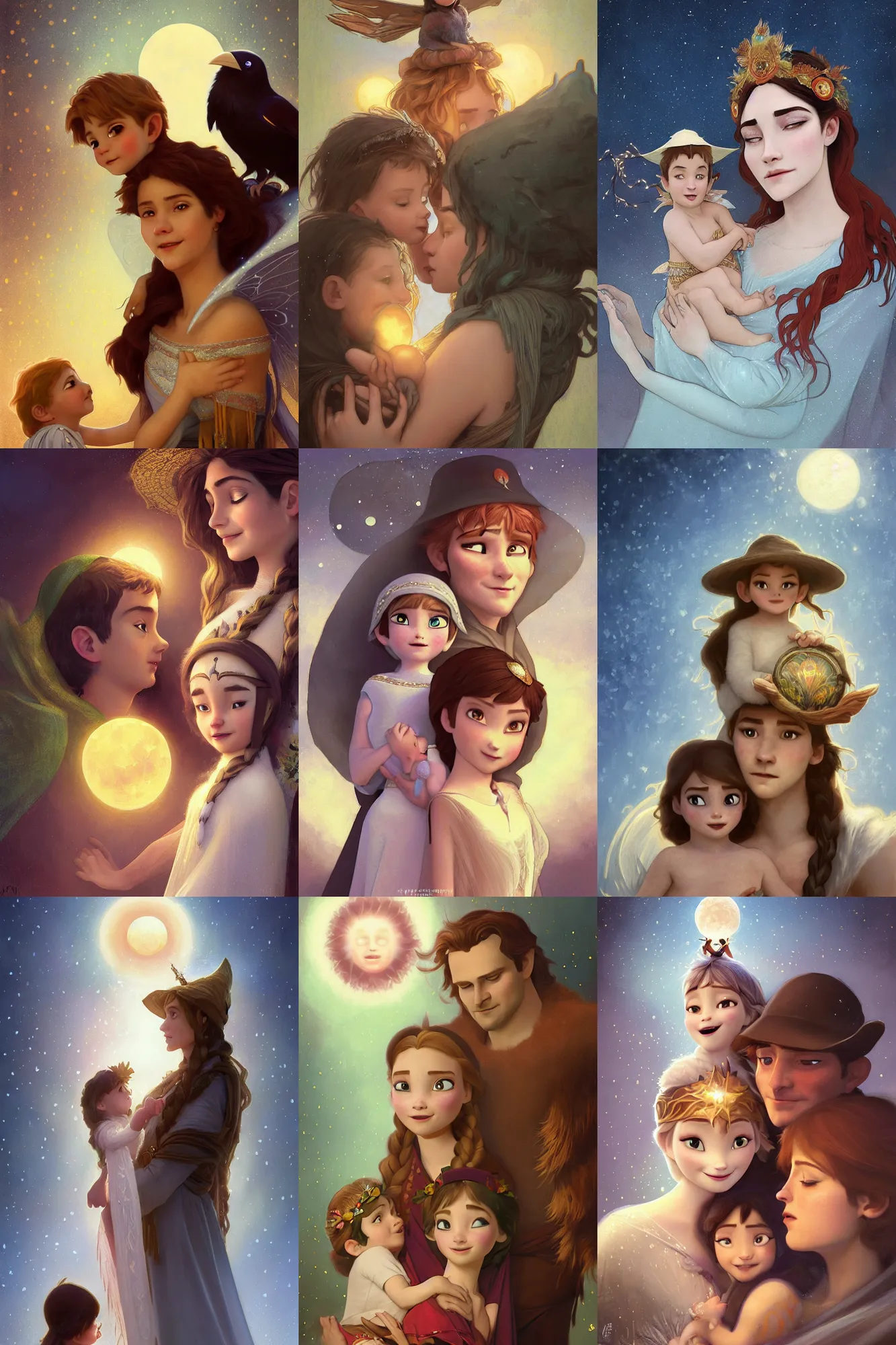 Prompt: a cinematic portrait of a beautiful family photograph close up moment of a young sun god and moon goddess magician fairy lights family with child, portrait, wearing sunhat and raven, Frozen Klaus film, digital painting, artstation, concept art, illustration, Frozen II art masterpiece by art by Krenz Cushart, Artem Demura, alphonse mucha, yoji shinkawa, ArtGerm, Jon Lothian, Danilo Torres, Adi Meyers, Thomas Reimann, Gaston Bussiere