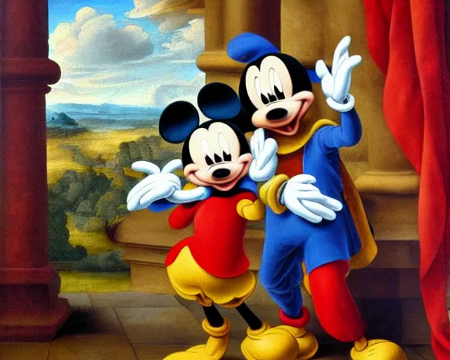 Image similar to renaissance style painting of Mickey Mouse and Donald Duck