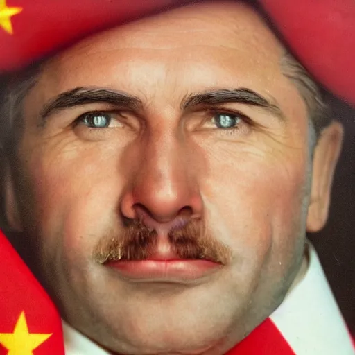 Image similar to hyper realist photograph of staline smiling and biting his lip seductively with the ussr flag behind him, close up, face picture, 4 k, very detailed