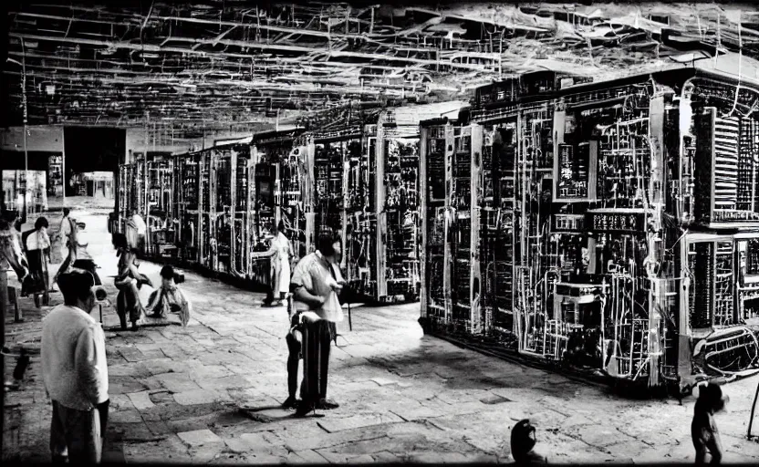 Image similar to mayans worshipping an occult supercomputer, black and white photography