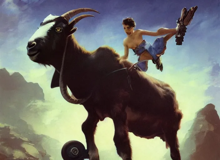 Image similar to a goat on roller blades, art by frank frazetta and beeple, 4 k, ultra realistic, highly detailed, epic lighting