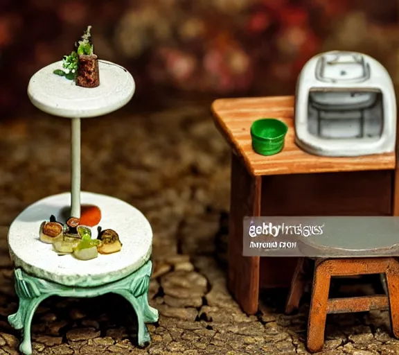 Image similar to macro photo, diorama of a miniature french restaurant for mice, interior