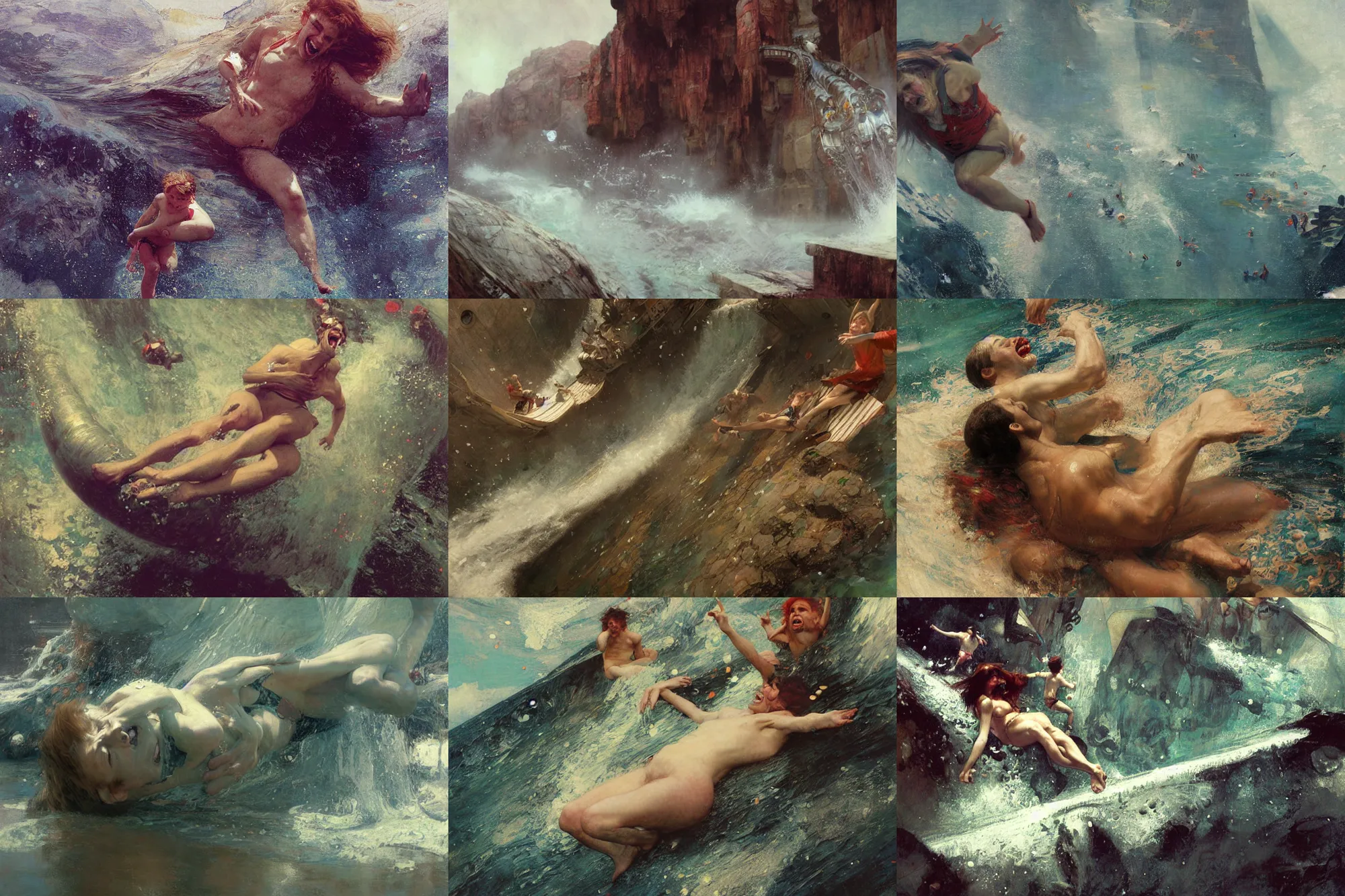 Prompt: laughing!!!!!!!!!!!!!!!!!!! and sliding down a huge water slide at edge of the world by waterhouse, craig mullins, ruan jia, gustave klimt