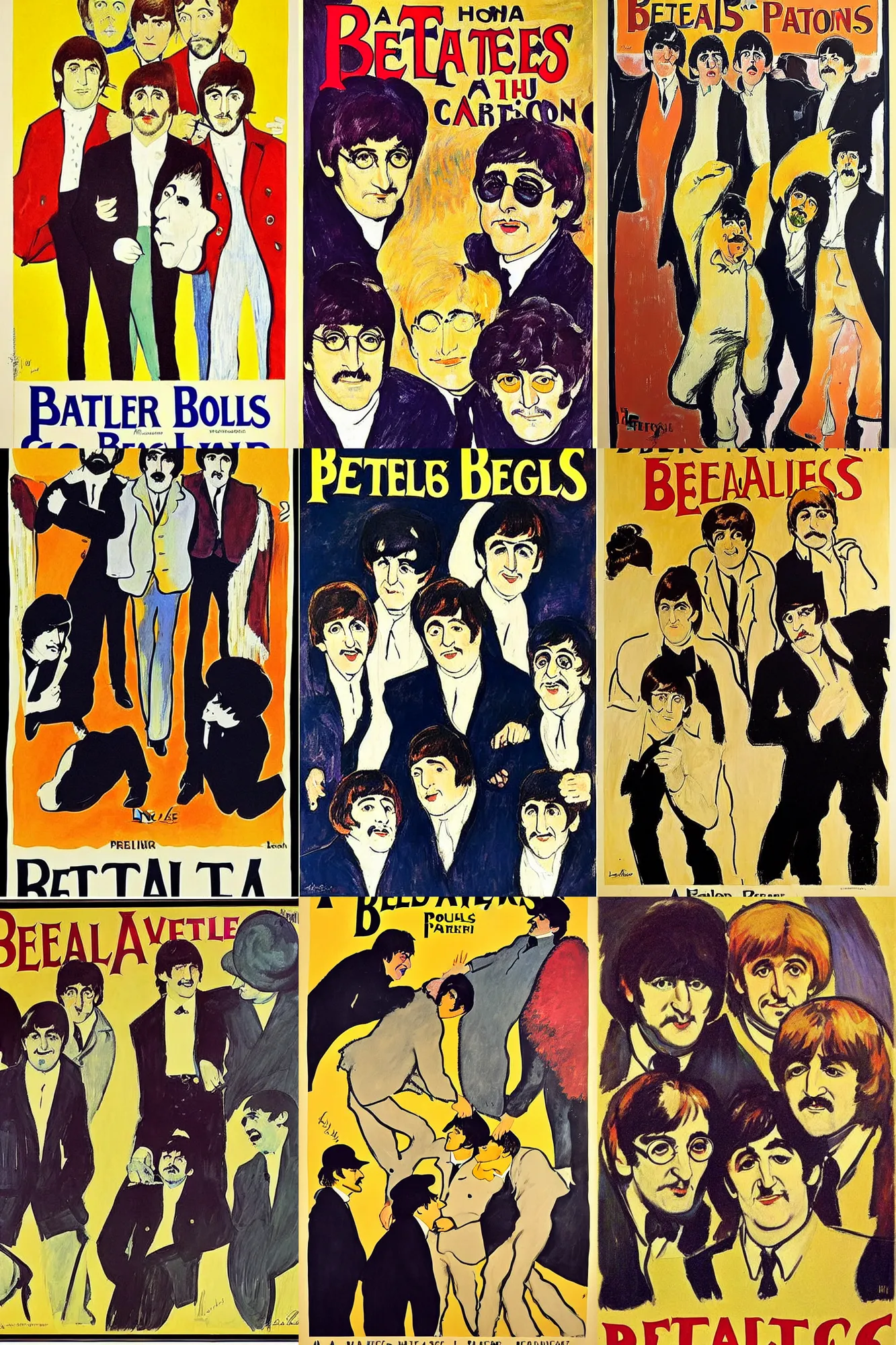 Image similar to a poster announcing a Beatles concert in a parisian cabaret depicting John Lennon, Paul Mccartney, George Harrrison and Ringo Starr, painting by Toulouse-Lautrec, high quality, masterpiece,