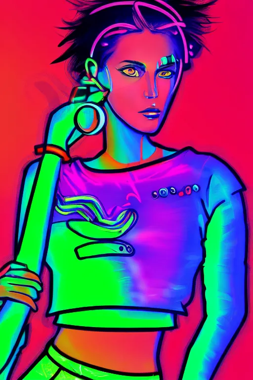 Prompt: a award winning half body portrait of a beautiful woman with stunning eyes in a croptop and cargo pants with smoky hair in rainbow colors, outlined by whirling illuminated neon lines, outrun, vaporware, shaded flat illustration, digital art, trending on artstation, highly detailed, fine detail, intricate