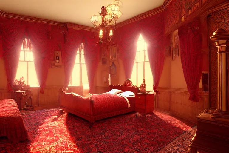 Image similar to an ornate red victorian bedroom, 1 8 9 0, key visual, conceptart, ambient lighting, highly detailed, digital painting, artstation, concept art, sharp focus, by makoto shinkai and akihiko yoshida and greg manchess