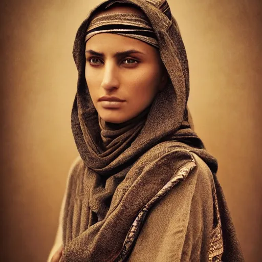 Prompt: portrait of a stunningly beautiful arabic tribal female, depth of field, zeiss lens, detailed, symmetrical, centered, fashion photoshoot, by Annie Leibovitz and Steve McCurry, David Lazar, Jimmy Nelsson, Breathtaking, 8k resolution, extremely detailed, beautiful, establishing shot, artistic, hyperrealistic, beautiful face, octane render