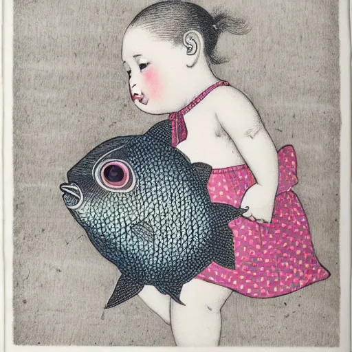 Image similar to the same style. the most beautiful little fat sweet girl is kissing a huge colorful cute fish. modern etching. colored print. hype realistic scene.