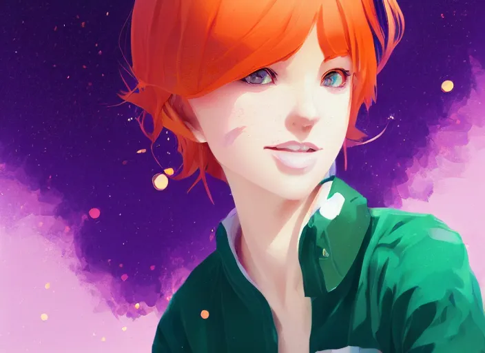 Image similar to portrait of a beautiful smiling girl with orange hair and freckles, green eyes, highly detailed, digital painting, concept art, smooth, sharp, focus, background is purple, anime key visual, ilya kuvshinov, rossdraws, artstation