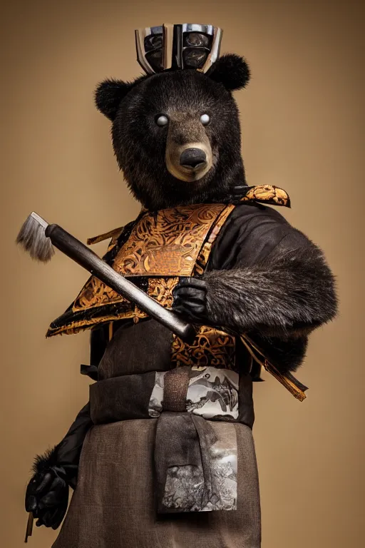 Prompt: anthropomorphic edo period japanese samurai bear, full armor portrait, fursuit, cosplay, trending on instagram, photography, sigma 8 5 mm f / 1. 4, studio lighting