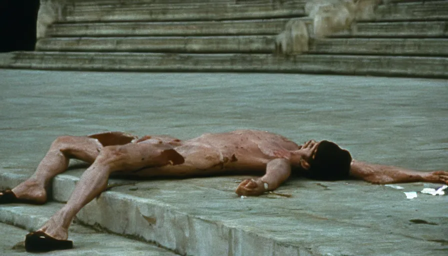 Image similar to 1 9 6 0 s movie still close - up of caligula laying dead on the ancient amphitheater's stairs wounded on the torso, cinestill 8 0 0 t 3 5 mm, high quality, heavy grain, high detail, dramatic light, anamorphic