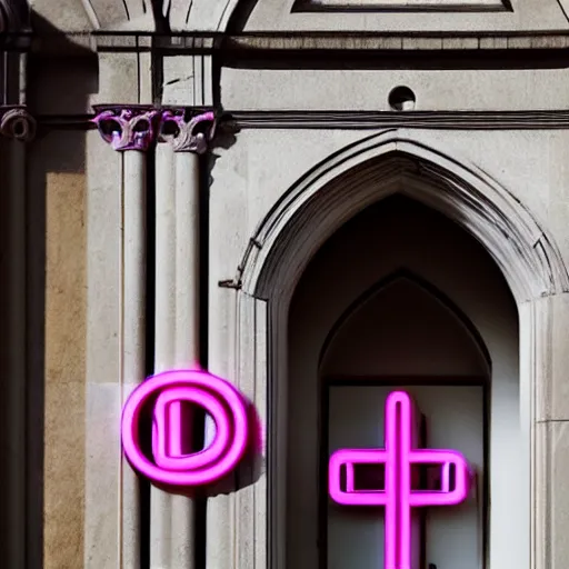 Image similar to A pink neon sign with rounded lowercase letters O, D, O, O above the front door of a cathedral