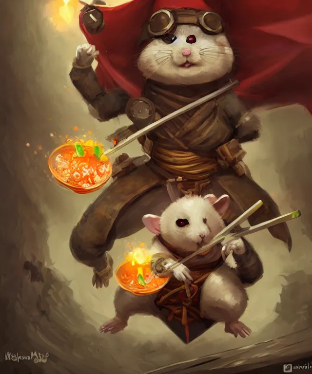 Image similar to anthropomorphic hamster ninja eating sushi, ninja outfit, standing in a buddhist temple, cute and adorable, dnd character art portrait, well rendered matte fantasy painting, deviantart artstation, by jason felix by steve argyle by tyler jacobson by peter mohrbacher, cinematic lighting