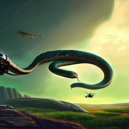 Image similar to concept art of gigantic snake robot flying through an ethereal green sky, fighting a mehcanical kangaroo, 4 k, trending on artstation, 8 k