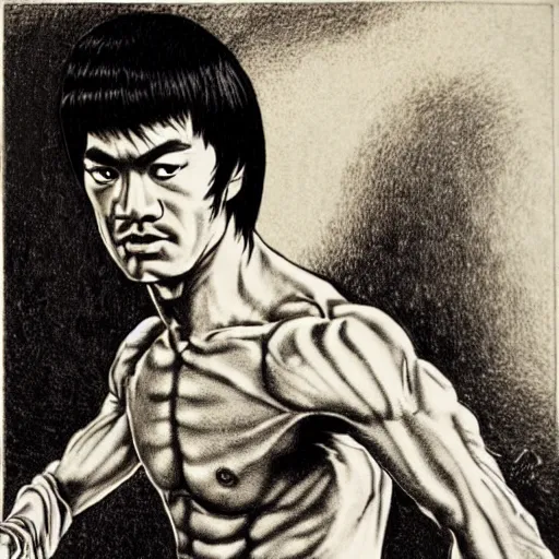 Prompt: engraving portrait of bruce lee in the movie enter the dragon, by albrecht durer