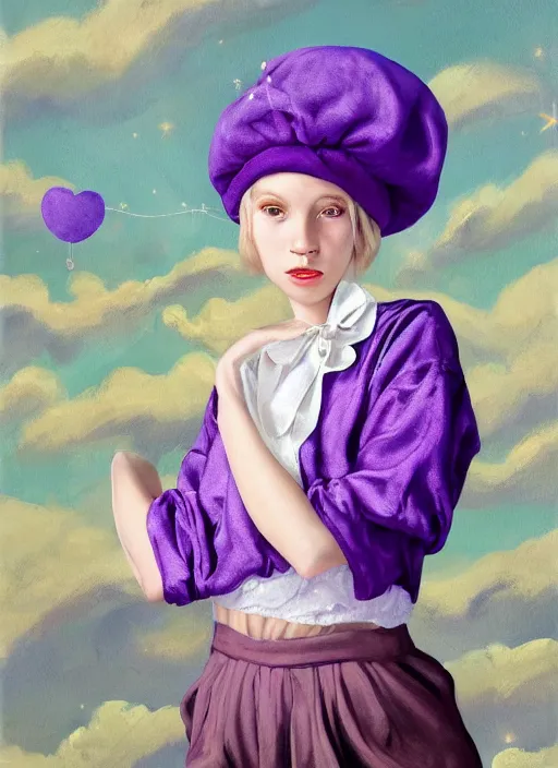 Image similar to A painting of a beautiful and mysterious young girl with short blond hair wearing an oversized purple Beret, Baggy Purple overall shorts, Short Puffy pants made of silk, silk shoes, a big billowy scarf, Golden Ribbon, and white leggings Covered in stars. Short Hair. Sunlit. Haute Couture. Dreamlike. Cloudscape. Fantasy Illustration. Art by william-adolphe bouguereau and Alexandre Cabanel and Anna Dittmann and WLOP and Artgerm and Johannes Helgeson. Smooth. Elegant. Highly Detailed. Intricate. 4K. UHD. Denoise.