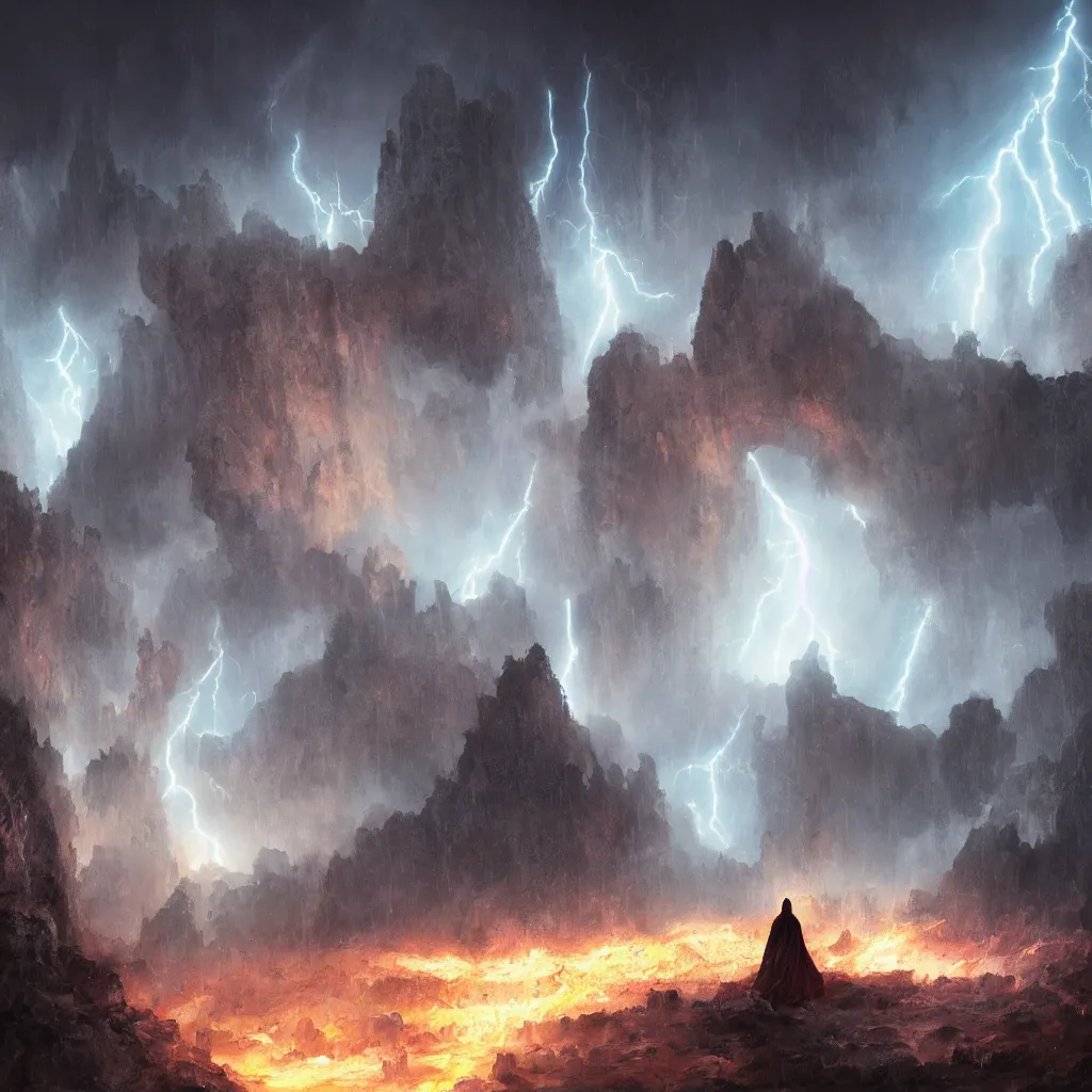 Image similar to a still of a cloaked figure standing in the ruins of crux prime, monastery, there is lightning, blue fiery maelstrom in the distance, it is raining, digital art, artstationhq