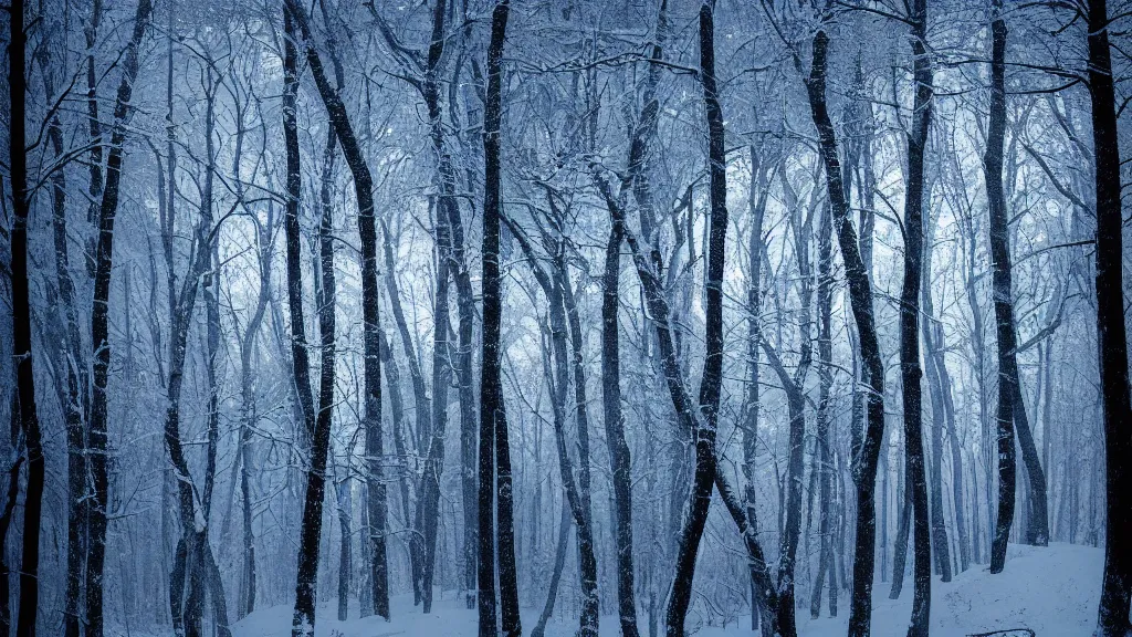 Prompt: A snowy forest lit by the light of the full moon