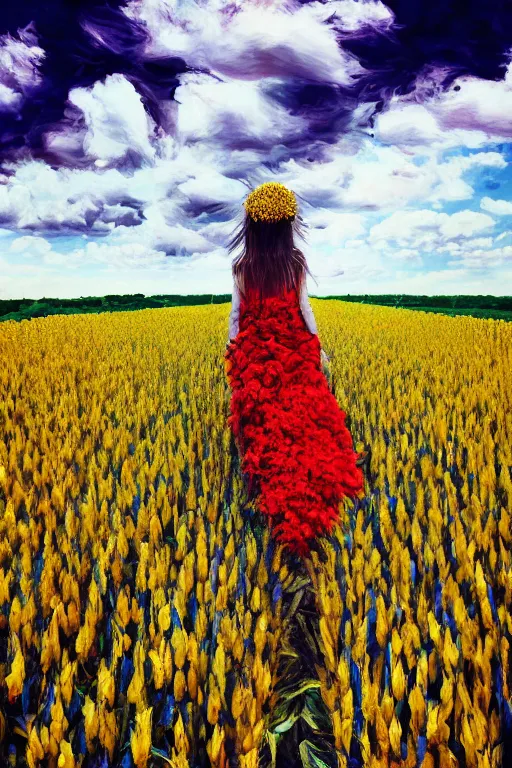 Image similar to giant corn flower head, girl walking in a flower field, surreal photography, dead body, dramatic light, impressionist painting, colorful clouds, digital painting, walter white, uncanny valley