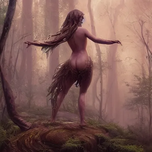 Image similar to forest nymph rising from the water. view from behind, wide angle view, back view. nuri iyem, james gurney, james jean, greg rutkowski, anato finnstark, davinci, emma watson, gigachad. trending on artstation, starlight, and enchanted dreams. instagram photo shoot, trending on pinterest, corrected hand, perfect hands