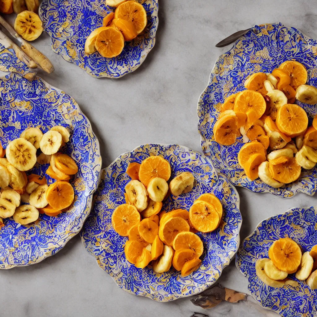 Image similar to roasted bananas peals with cut orange slices, in designer plate with flowery pattern art nouveau embroidered, closeup, hyper real, food photography, high quality