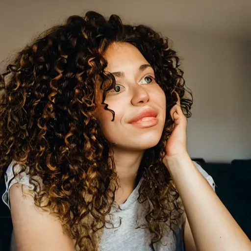 Image similar to a woman with long curly hair sitting in a room