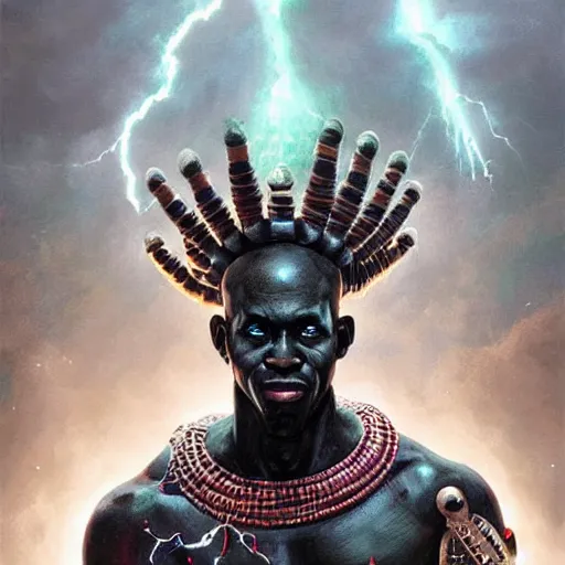 Prompt: shango, african god of thuder with electric eyes, violent thunderstorm, dim light, front game card, marvel comics, dark, intricate, highly detailed, smooth, artstation, digital illustration by ruan jia and mandy jurgens and artgerm and wayne barlowe and greg rutkowski and zdislaw beksinski