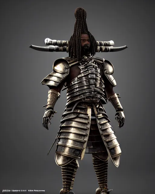 Prompt: fully armored african samurai, unreal engine 5, dreadlocks, man, blender, symmetrical face, atmosphere, dark brown skin, gorgeous, depth of field, landscape, lush, ultra realistic, cinematic, macro, artstation, megascan, elegant, epic, Quixel, weta digital, focus, octane render, v-ray, 8k, art by Sonia Delaunay