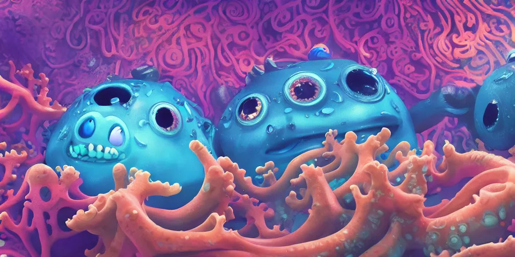 Image similar to of a colorful cloudy deep sea under water with strange cute friendly happy creatures with huge eyes, mouth, long tongue and round teeth appearing from sandy coral, in the style of gehry and gaudi, macro lens, shallow depth of field, highly detailed, digital painting, trending artstation, concept art, illustration, cinematic lighting, photorealism, epic, octane render