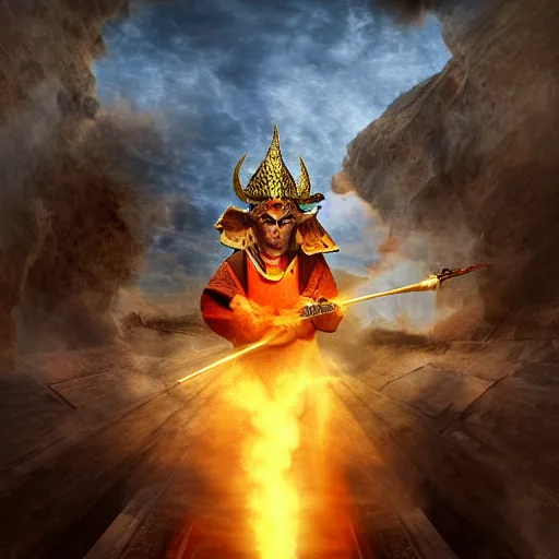 Image similar to ram horned monk brings fire down from the sky, medieval style, highly detailed, digital painting, volumetric light, 8k