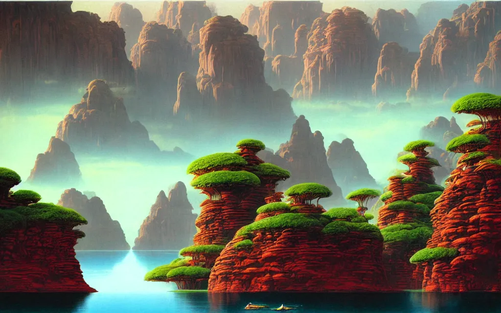 Prompt: a beautiful highly detailed matte painting of an alien planet with giant lotus with a lake surrounded by a canyon and rocks. by roger dean concept art