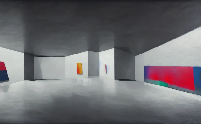 Image similar to painting of interior shot of a white concerete brutalist contemporary art museum with abstract colourful paintings hanging on the wall by darek zabrocki and greg ruthkowski, cinematic and cold atmospheric, archillect concept art, artstation, trending on artstation